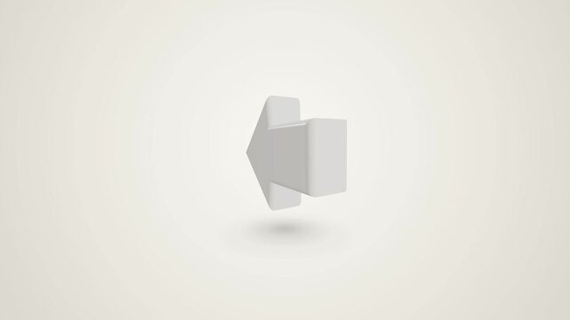 Minimalist 3D white arrow icon rotating in a seamless loop on a clean light grey studio background, featuring smooth motion, neutral lighting, studio angle, for business direction visual concept.