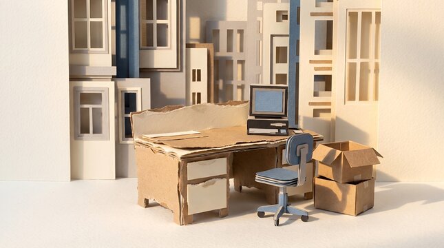 Miniature Urban Workspace: Paper Craft Office Desk and City Skyline Art