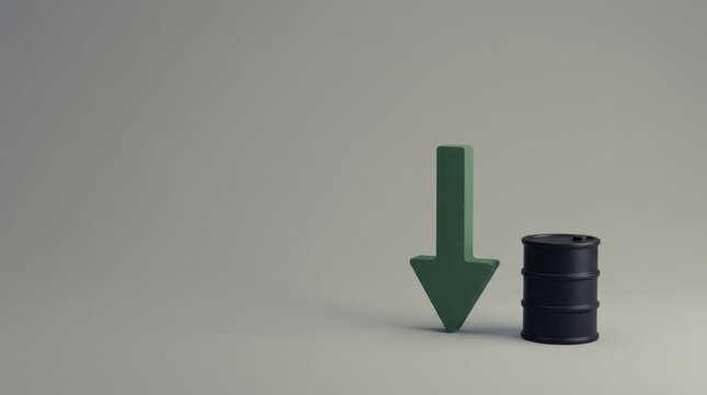 Green arrow pointing down next to black oil barrel on gray background symbolizing oil price drop