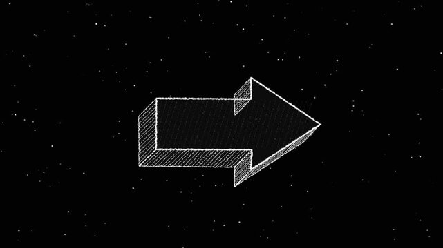Animated hand drawn 3d arrow pointing right on black background with noise particles, retro sketch icon loop for direction, signpost, navigation, strategy, and progress presentation.