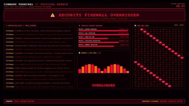 Command terminal critical security breach hacker attack red screen.