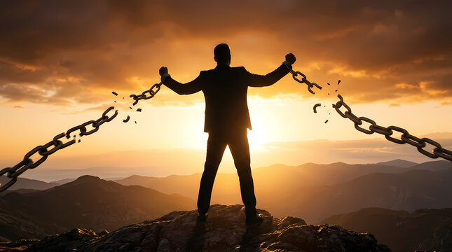 Silhouette of man breaking chains at sunset on mountain peak