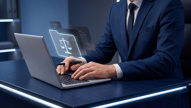 Law and legal justice technology concept. Lawyer using laptop with digital scales, courthouse and document folder for online attorney consultation, litigation and legal advice