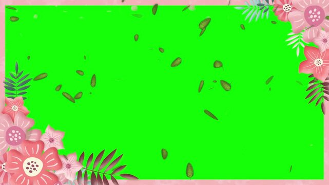 Three floral frames with pink flowers and green leaves on a vibrant green screen background with rectangular frames decorated displays three separate foliage against bright