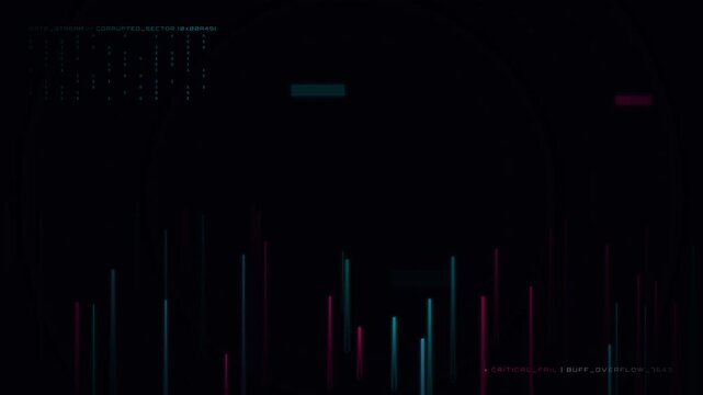 Futuristic cyberpunk digital HUD interface loop featuring glowing cyan and magenta glitching data stream lines, system critical failure text, and buffer overflow HUD overlay graphics on black.
