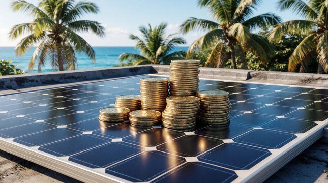 Stacks of gold coins sit on solar panel rooftop. Shiny money piles on photovoltaic cells under sunny sky. Concept of green energy investment, financial savings from renewable power, eco wealth growth