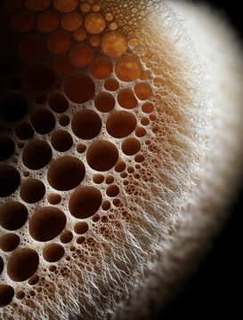 Macro view of porous open cell foam material. Brown sponge texture shows detailed structure with many small holes, organic fiber layer. Soft flexible polyurethane surface with sponge pores, absorbent