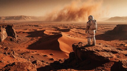 Fototapeta premium Astronaut stands on rocky cliff overlooking Mars landscape. Red planet desert with large sandstorm in background. Space explorer looks at vast dunes, mountains during future colonization mission.