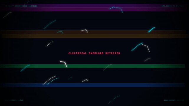 Futuristic retro CRT monitor screen glitching with system error text warnings like electrical overload, magnetic field discharge, degauss pulse and signal loss before shutting down in dark ambient