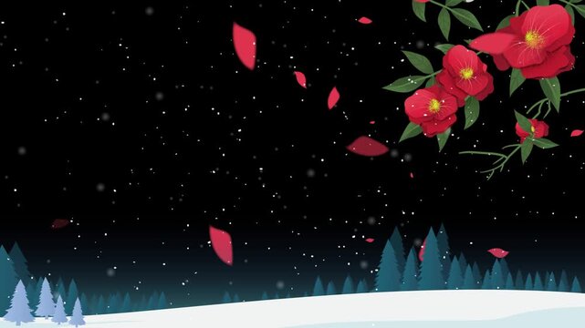 Red flowers hanging over snowy forest landscape at night with falling petals and stars in the dark sky background with video red illustration environment wonderland with silhouette
