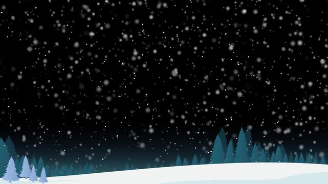 Winter landscape with falling snow over a silhouette of pine trees against a dark background with snowy landscape stylized sky falling snowflakes video wide panoramic