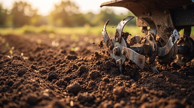 Close-up of a rototiller machine blades tilling rich dark organic soil in a field during a golden sunset for agricultural preparation