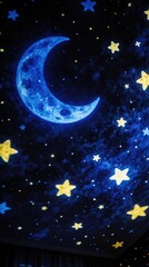 Fototapeta premium Blue crescent moon, yellow stars projected on dark wall in room. Night sky illumination creates dreamy atmosphere for kids bedroom nursery. Celestial light projection shows cosmic space with glowing