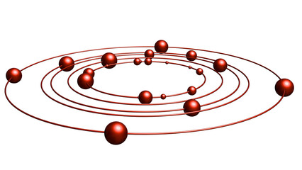 Abstract model of the orbits of an atom or star system with satellite objects electrons or planets in filamentary circular orbits. Model of the system of orbits of planets and subatomic particles. © Alexander Sulghin