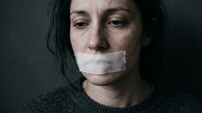 A distressed woman with tape covering her mouth, symbolizing silence, censorship, or inability to speak, against a dark background.