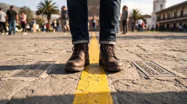 Leather boots standing on yellow dividing line at equator monument plaza with shallow depth of field for travel marketing