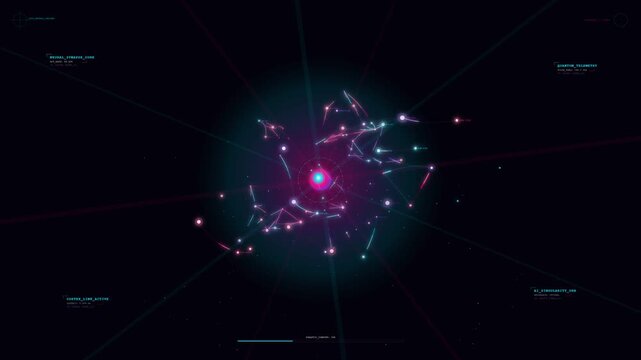 Futuristic artificial intelligence core network HUD display showing glowing quantum particle plexus geometry node animation, dynamic high-tech digital data visualization on dark background 3D render