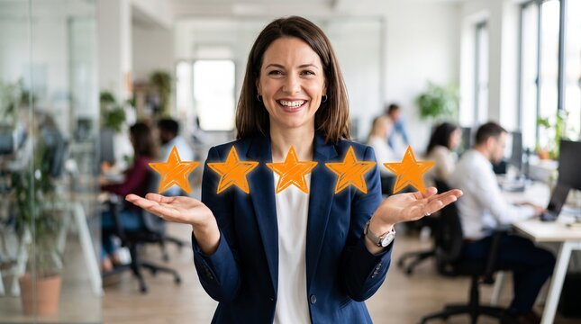 A smiling businesswoman in an office holding up four glowing orange stars, symbolizing excellent rating or customer satisfaction.