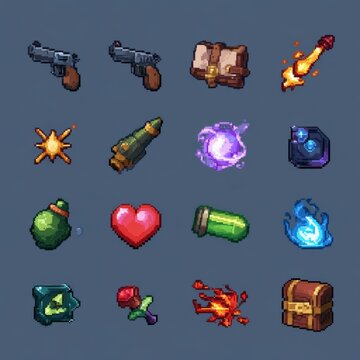 Retro 8-bit pixel art game assets set featuring weapons, guns, magic spells, health hearts, ammo, treasure chest, and magic book isolated on solid blue background for 2d indie game development GUI