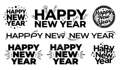 Obraz premium Happy New Year handwritten calligraphy typography vector lettering collection with festive decorations