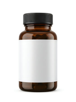 Small brown glass medicine bottle with empty label isolated on white background
