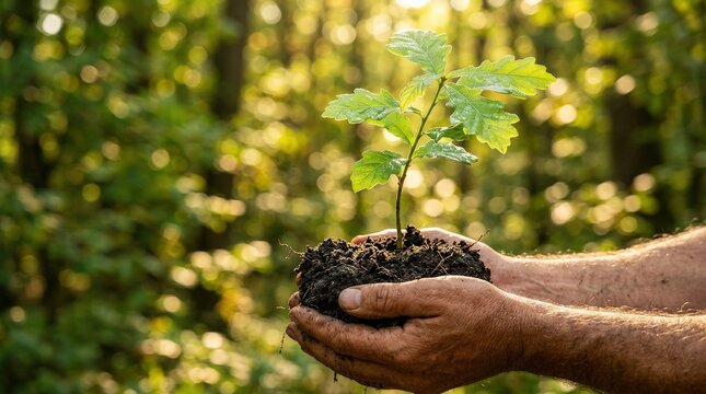 Hands Holding Young Tree for Ecological Restoration