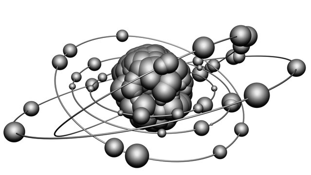 Abstract model of an atom with a central object - the nucleus of an atom, consisting of individual objects - protons and neutrons and secondary objects - electrons with orbits. Transparent background.