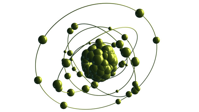 Abstract model of an atom with a central object - the nucleus of an atom, consisting of individual objects - protons and neutrons and secondary objects - electrons with orbits. Transparent background.