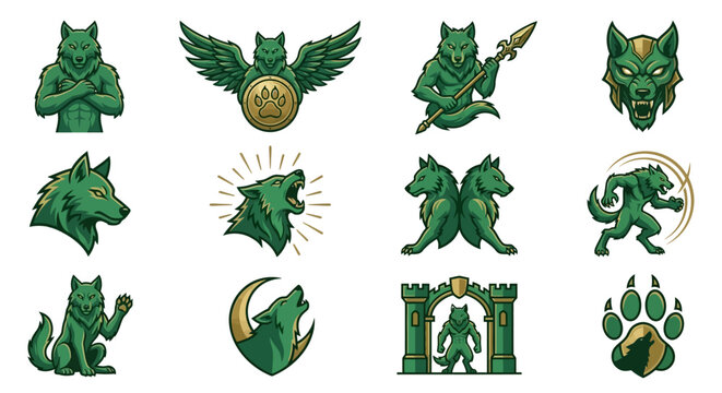 Green wolf and werewolf mascot character logo set.