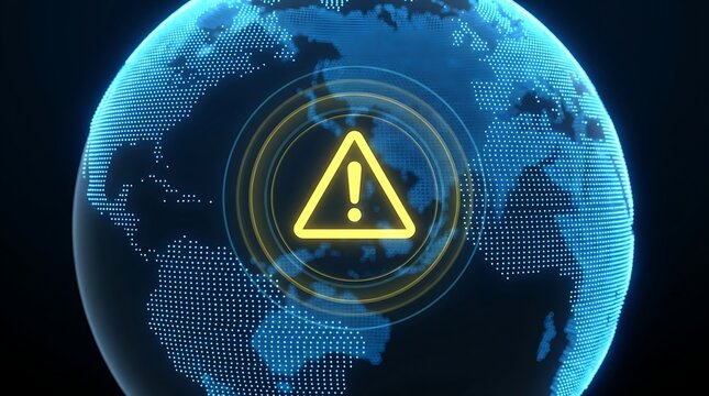 Futuristic global technology concept featuring a digital world map on a circuit board background with a yellow warning symbol
