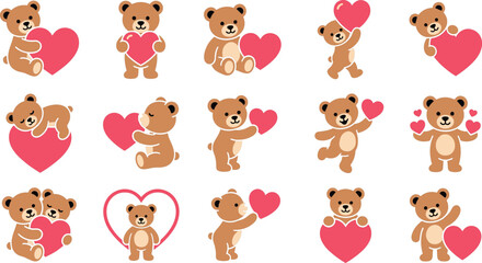 Fototapeta premium Cute Valentine Teddy Bear Character Pack with Big Red Hearts Vector Illustration for Romantic Holiday Cards Stickers Scrapbooking and Patterns