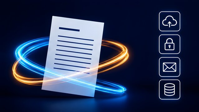 Digital document protected by glowing light rings and security icons representing cloud storage, file encryption and safe data management