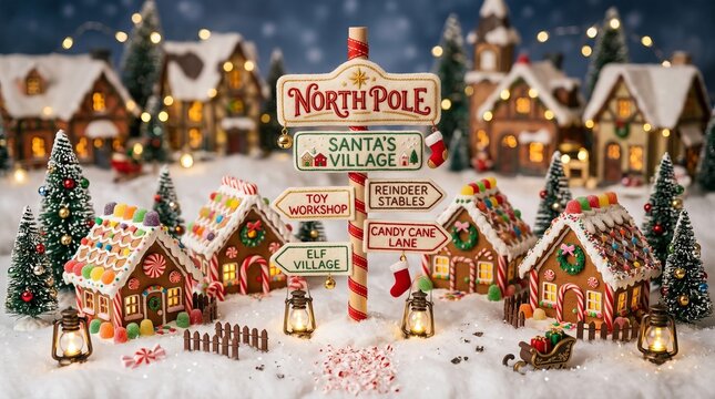 Aerial view of North Pole Christmas village with igloos and reindeer.