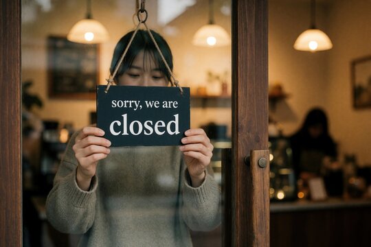 Asian female entrepreneur hangs closed sign on glass door of coffee shop. Small business owner turns sign to show cafe not open. Woman works at retail store during economic crisis quarantine period.