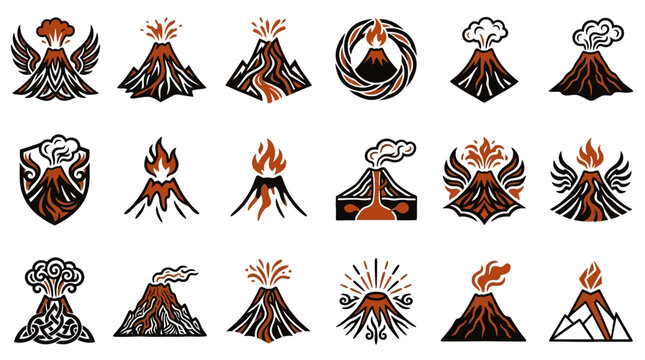 Stylized volcano eruption icon set.