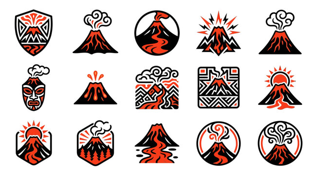 Volcanic eruption icons and mountain magma logos.