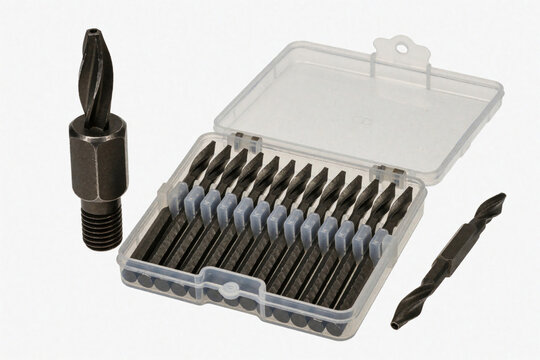 Metal drill bit set with various screw driving tips in storage case. Tool kit for construction or repair work. Power tool accessories for handyman.