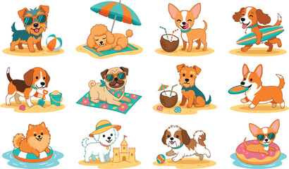 Obraz premium Cute Cartoon Dogs on Beach Summer Vacation Vector Icon Set Featuring Corgi Pug Pomeranian and Chihuahua Breeds Playing with Surfboard and Sandcastles