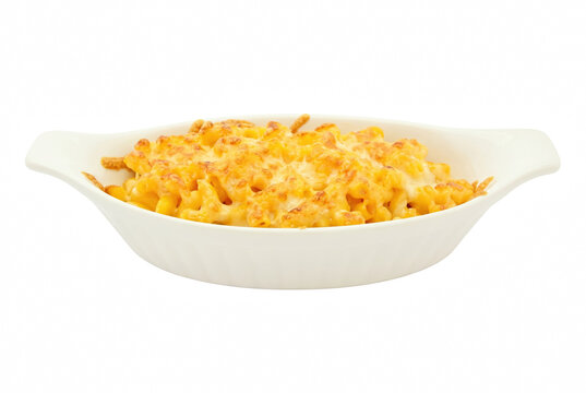 Baked Macaroni and Cheese in White Ceramic Serving Dish