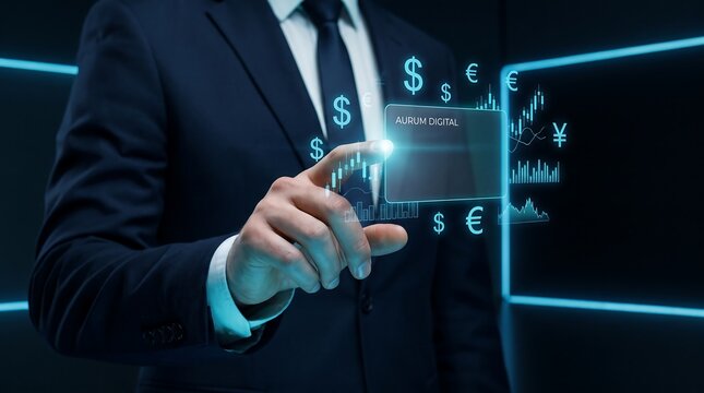 Business professional interacting with a futuristic digital interface and data visualization