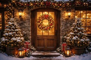 Fototapeta premium Cozy festive holiday entrance scene.