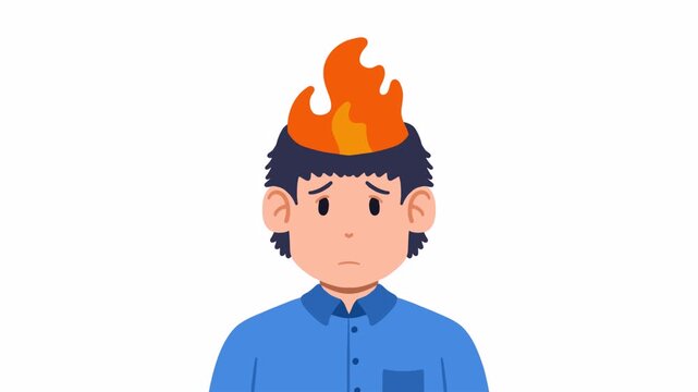exhausted burnout man. burn head animation.