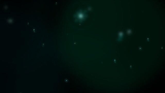 Dark green abstract particle motion background with glowing floating microscopic light particles and bokeh overlay, macro camera perspective creating a mysterious scientific ambient mood