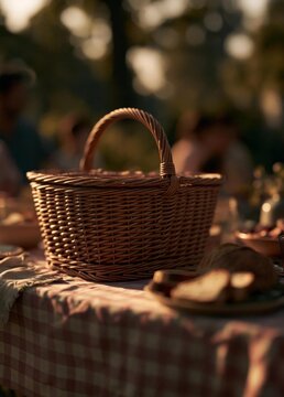 Picnic basket on a table covered with a red and white checkered tablecloth. the basket is made of wicker and has a handle on top.