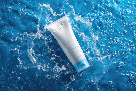 Cosmetic sunscreen product on blue water surface with splashes and drops. Body care health concept. Flat lay top view 