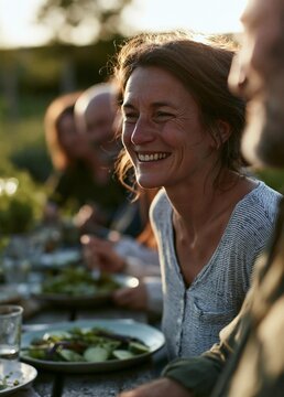 Group of people sitting at a table outdoors, enjoying a meal together. the woman in the foreground is smiling and appears to be laughing, while the man to her right is looking at her with a smile.
