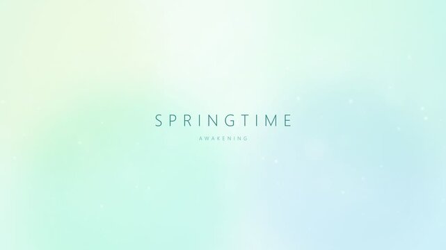 Soft pastel gradient spring background with typography text reading Springtime Awakening, peaceful floating light particles, aesthetic abstract video background for seasonal graphic intros