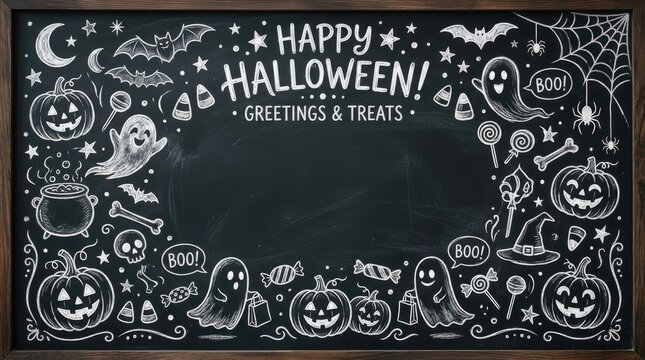 Chalkboard with hand drawn Halloween doodles framing an empty space for customized messages.