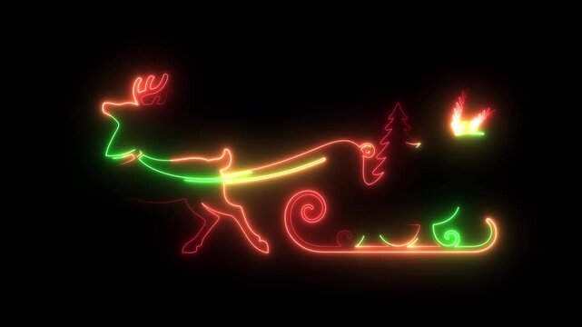 Glowing neon Christmas sleigh with reindeer silhouette isolated on black background for holiday motion graphics