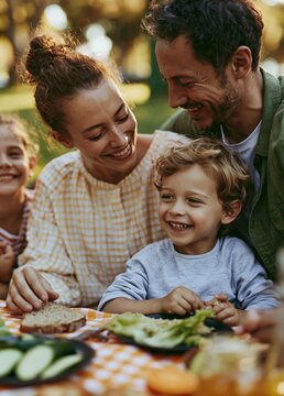 Family of four - a mother, father, and two young children - sitting at a picnic table in a park or garden.